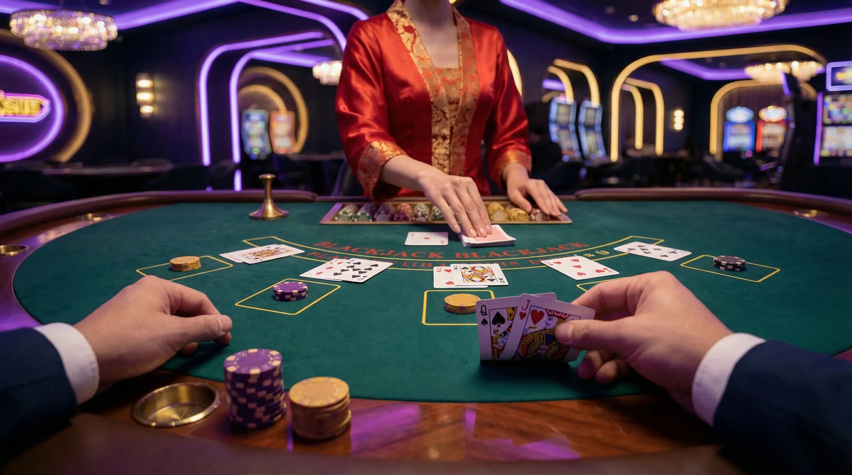 Mesa de blackjack mgmbet casino com cartas e fichas de cassino