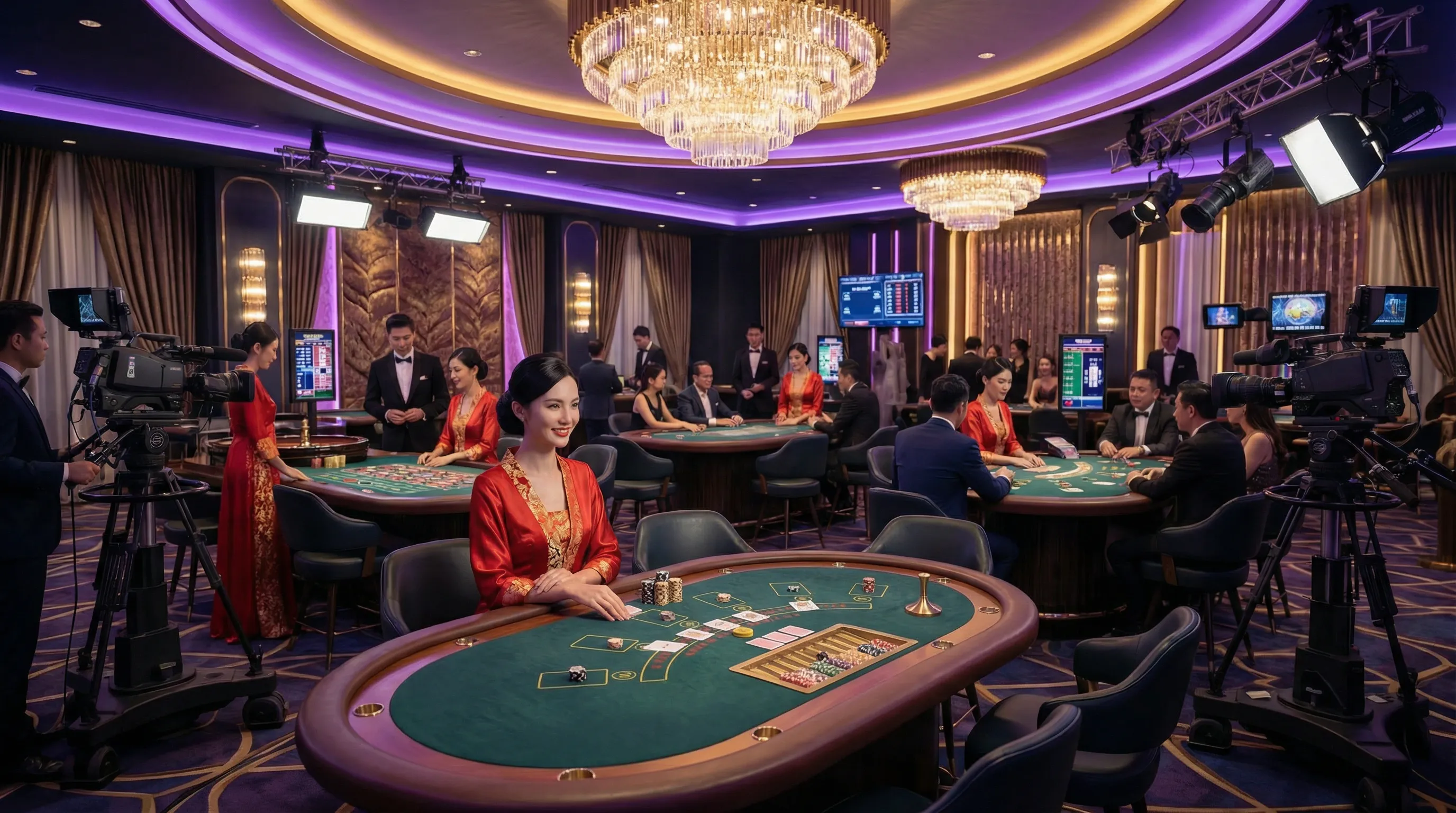 Sala de cassino ao vivo mgmbet casino com múltiplas mesas e dealers profissionais
